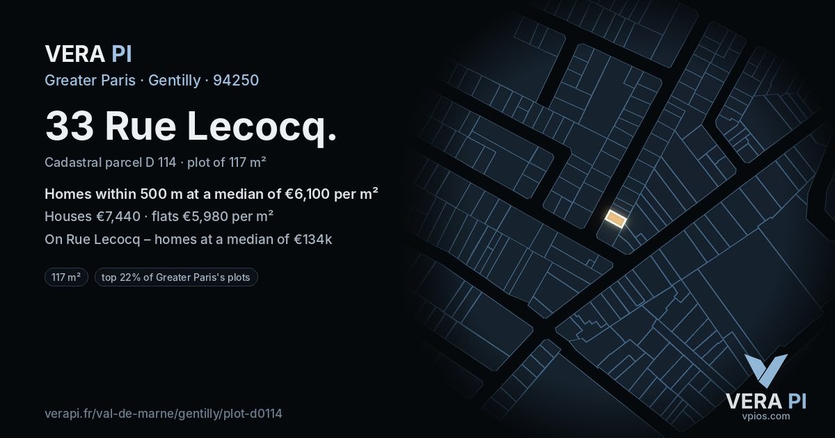 33 Rue Lecocq, Gentilly at night – the plot lit, the parcels around coloured by the prices near them