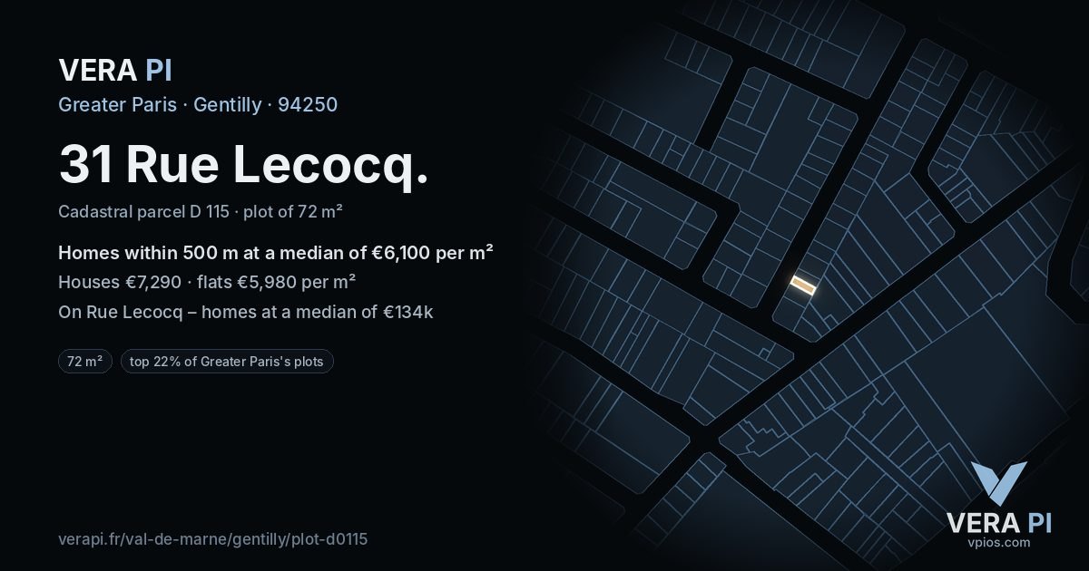 31 Rue Lecocq, Gentilly at night – the plot lit, the parcels around coloured by the prices near them