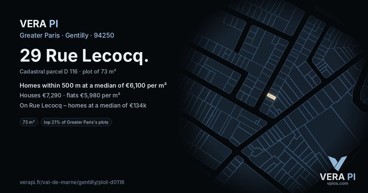29 Rue Lecocq, Gentilly at night – the plot lit, the parcels around coloured by the prices near them