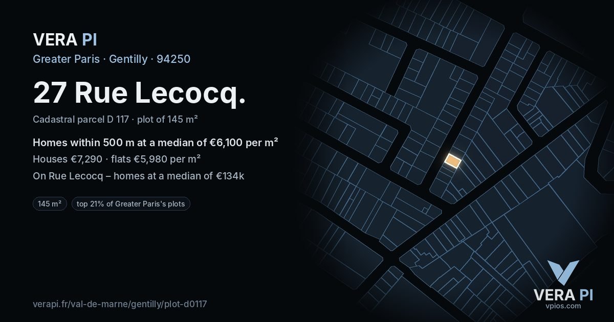 27 Rue Lecocq, Gentilly at night – the plot lit, the parcels around coloured by the prices near them