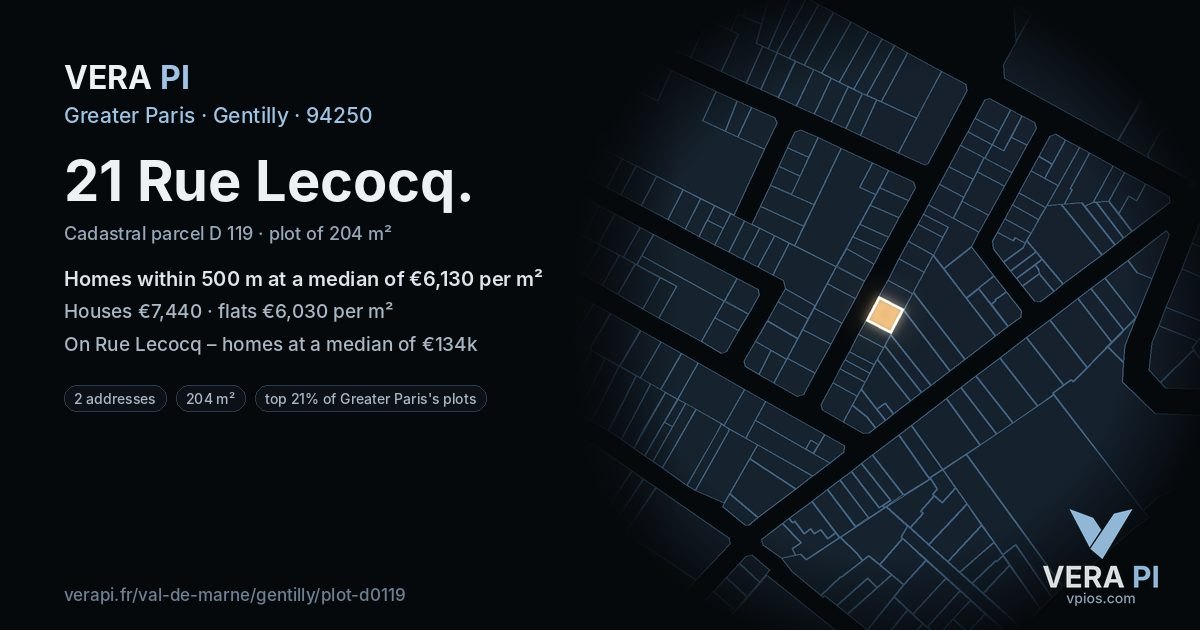 21 Rue Lecocq, Gentilly at night – the plot lit, the parcels around coloured by the prices near them