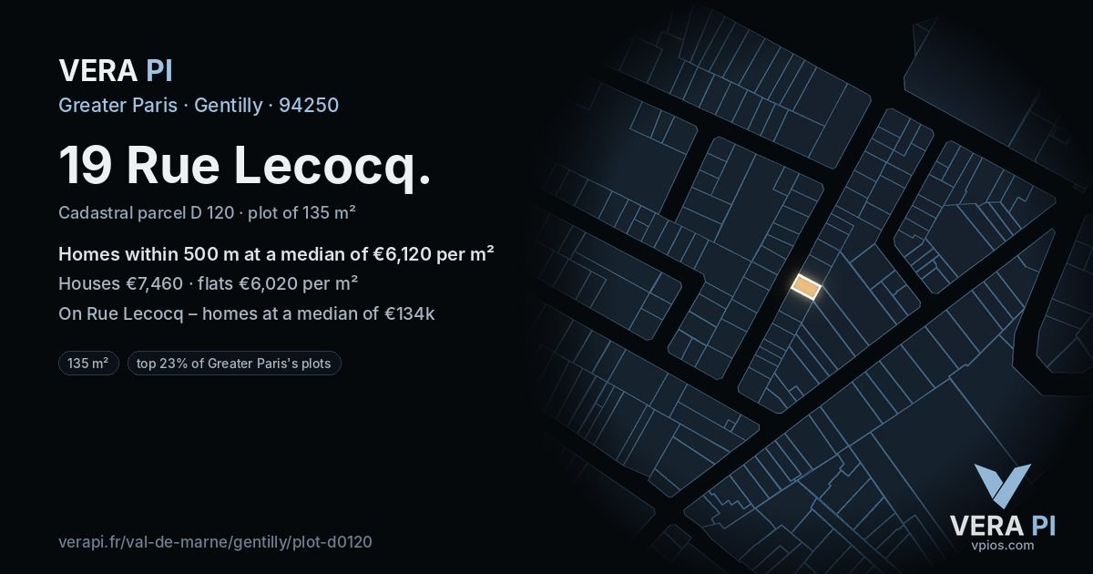 19 Rue Lecocq, Gentilly at night – the plot lit, the parcels around coloured by the prices near them