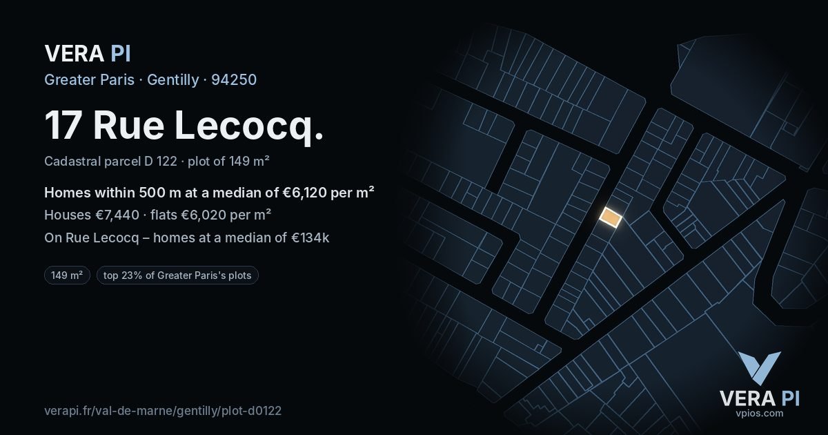 17 Rue Lecocq, Gentilly at night – the plot lit, the parcels around coloured by the prices near them