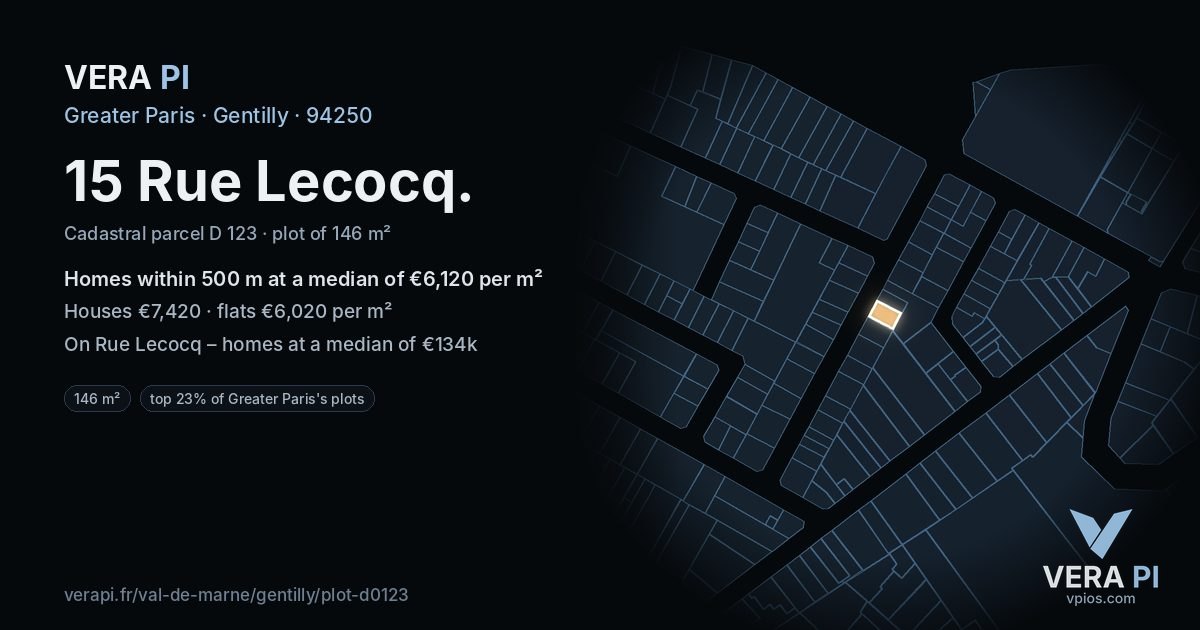 15 Rue Lecocq, Gentilly at night – the plot lit, the parcels around coloured by the prices near them
