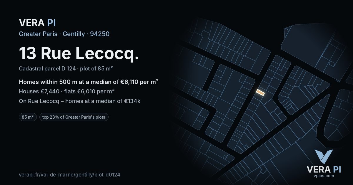 13 Rue Lecocq, Gentilly at night – the plot lit, the parcels around coloured by the prices near them