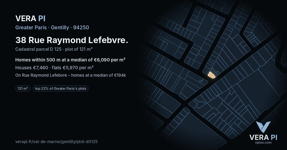38 Rue Raymond Lefebvre, Gentilly at night – the plot lit, the parcels around coloured by the prices near them