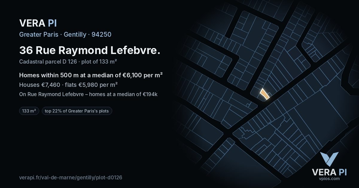 36 Rue Raymond Lefebvre, Gentilly at night – the plot lit, the parcels around coloured by the prices near them