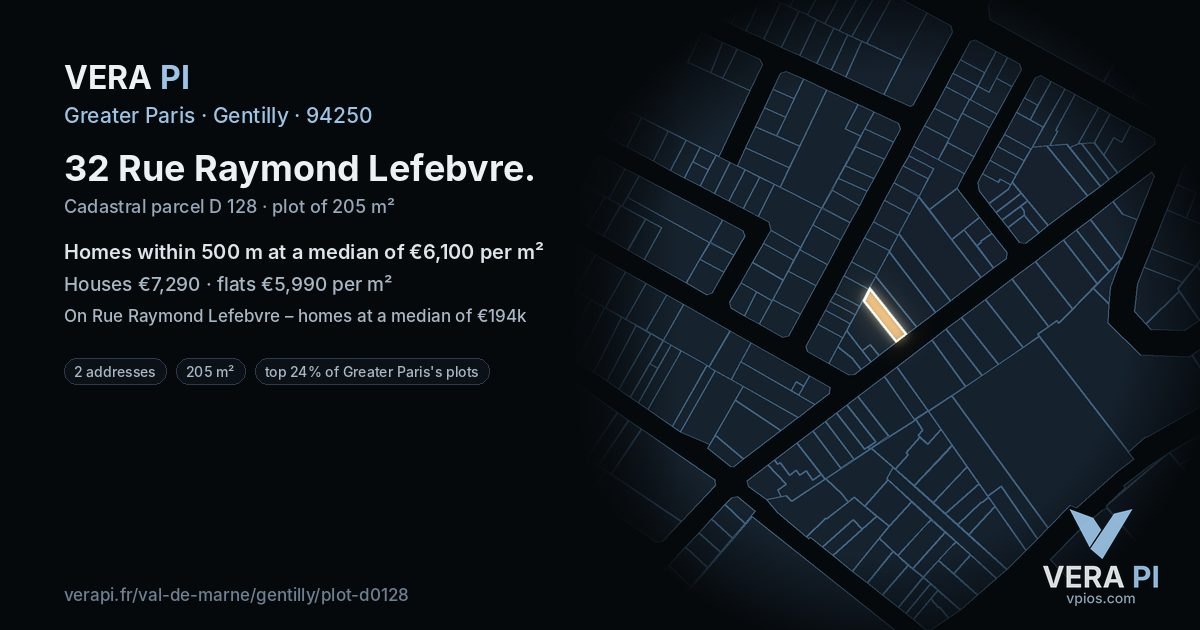 32 Rue Raymond Lefebvre, Gentilly at night – the plot lit, the parcels around coloured by the prices near them