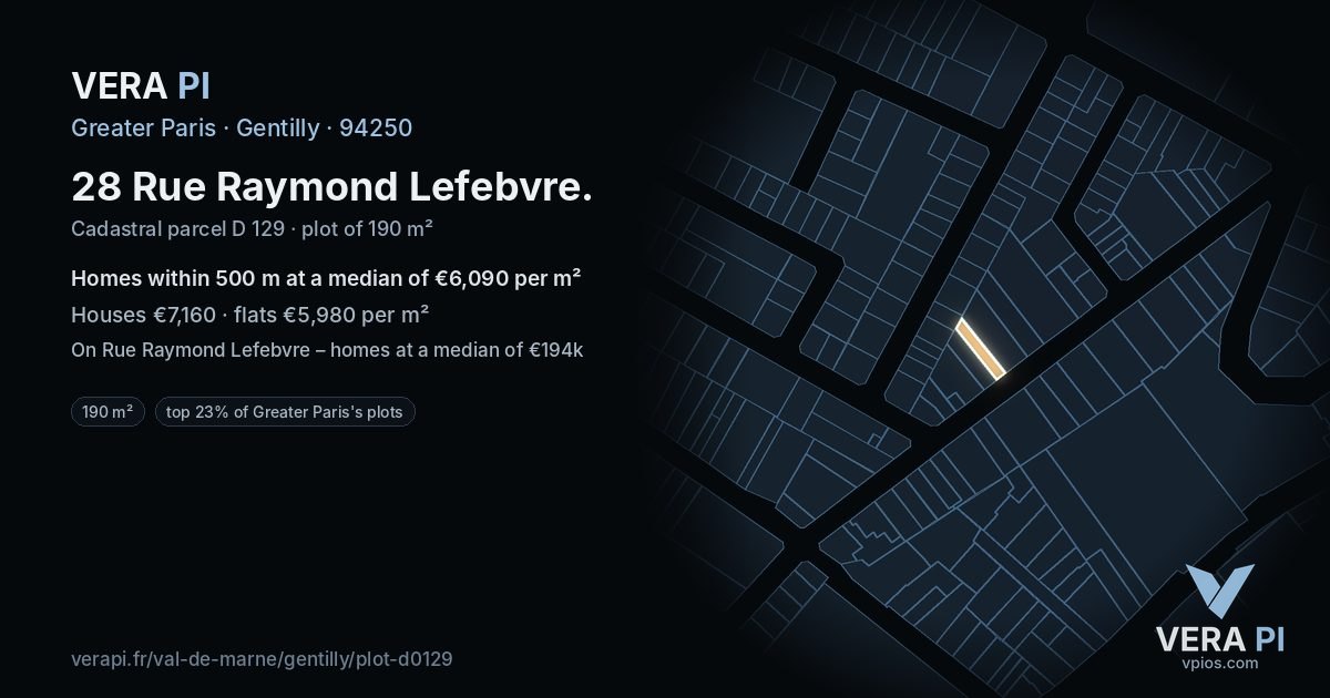 28 Rue Raymond Lefebvre, Gentilly at night – the plot lit, the parcels around coloured by the prices near them