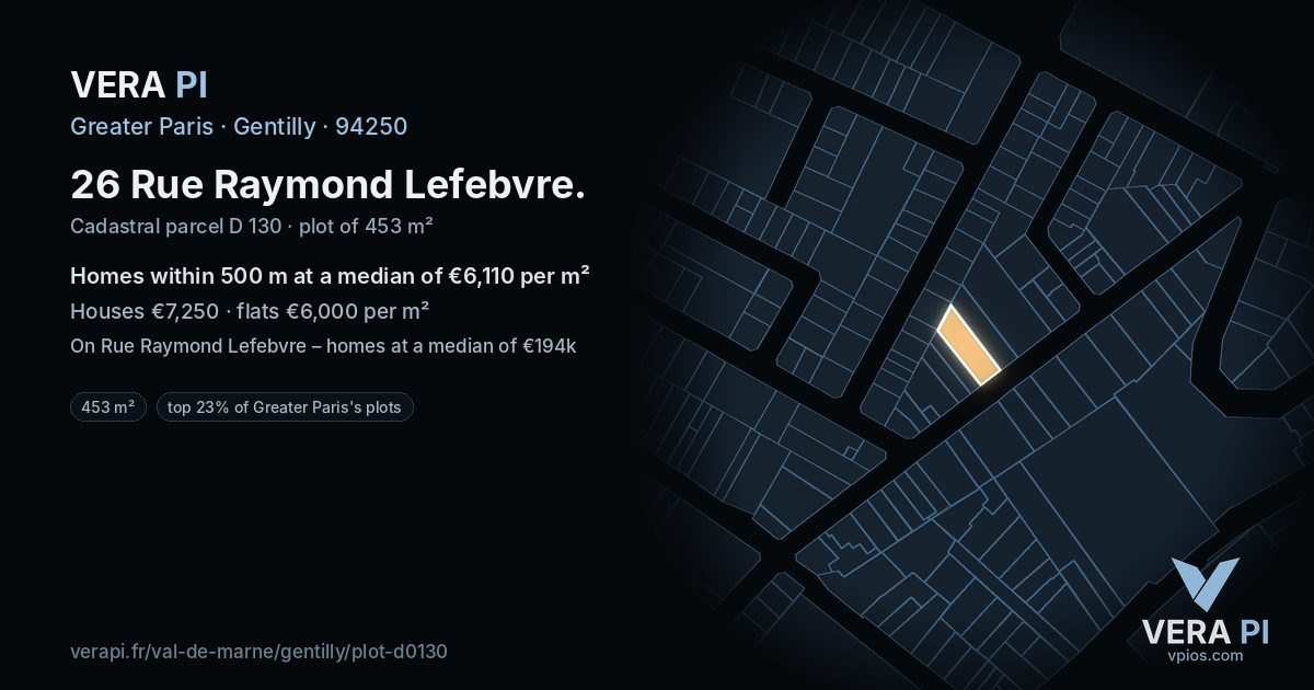 26 Rue Raymond Lefebvre, Gentilly at night – the plot lit, the parcels around coloured by the prices near them