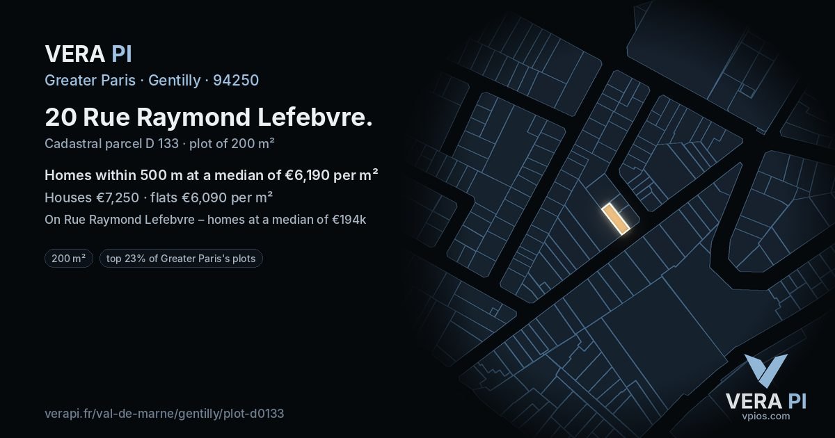 20 Rue Raymond Lefebvre, Gentilly at night – the plot lit, the parcels around coloured by the prices near them
