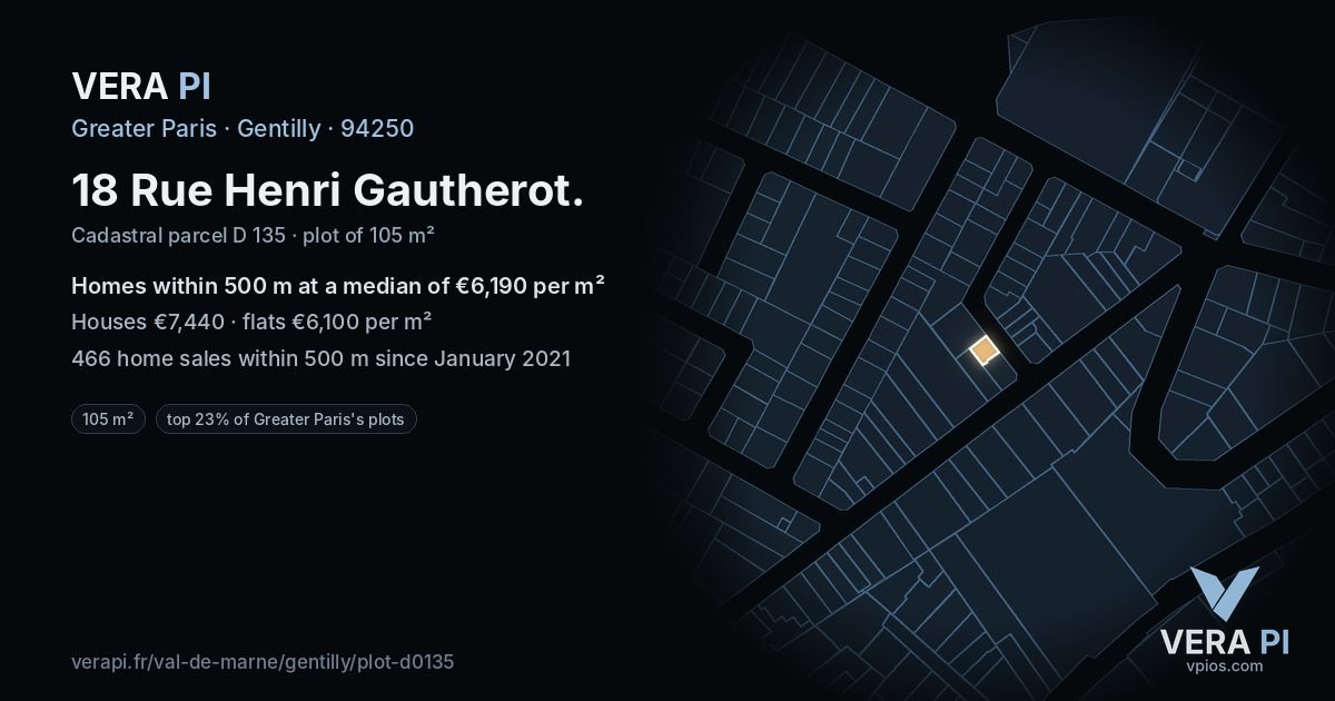 18 Rue Henri Gautherot, Gentilly at night – the plot lit, the parcels around coloured by the prices near them