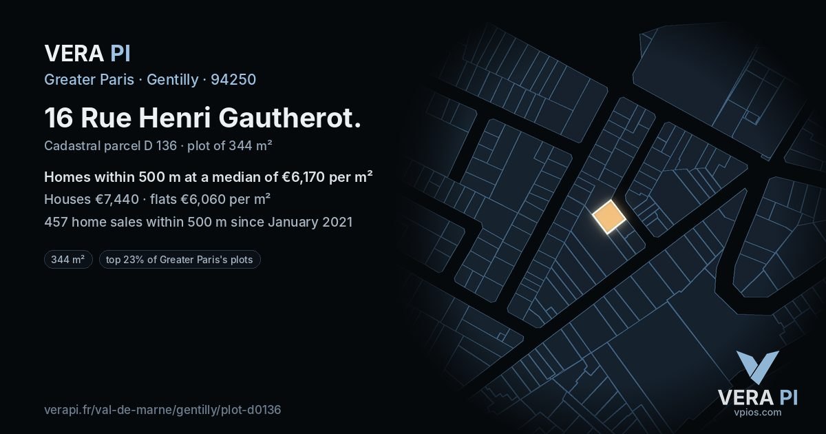16 Rue Henri Gautherot, Gentilly at night – the plot lit, the parcels around coloured by the prices near them