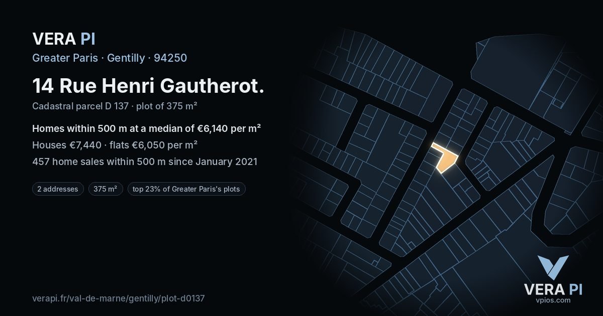 14 Rue Henri Gautherot, Gentilly at night – the plot lit, the parcels around coloured by the prices near them