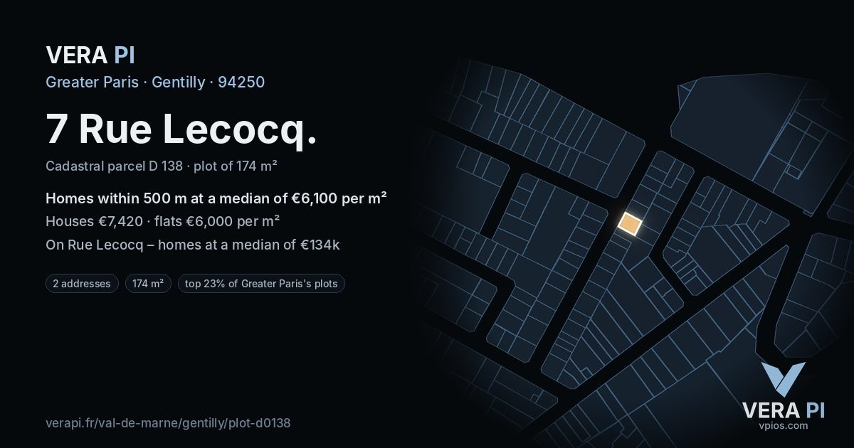7 Rue Lecocq, Gentilly at night – the plot lit, the parcels around coloured by the prices near them