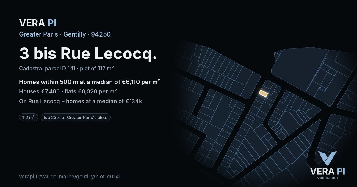 3 bis Rue Lecocq, Gentilly at night – the plot lit, the parcels around coloured by the prices near them