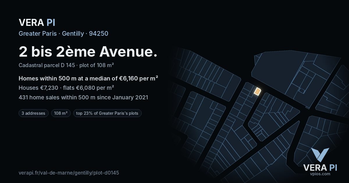 2 bis 2ème Avenue, Gentilly at night – the plot lit, the parcels around coloured by the prices near them