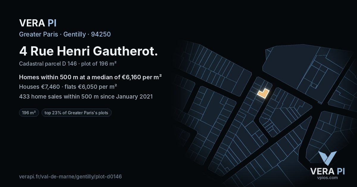 4 Rue Henri Gautherot, Gentilly at night – the plot lit, the parcels around coloured by the prices near them