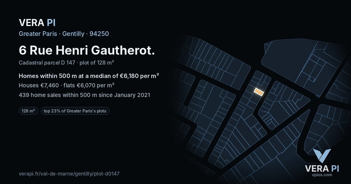 6 Rue Henri Gautherot, Gentilly at night – the plot lit, the parcels around coloured by the prices near them