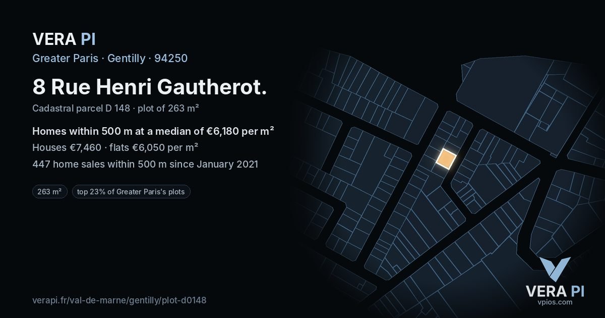 8 Rue Henri Gautherot, Gentilly at night – the plot lit, the parcels around coloured by the prices near them