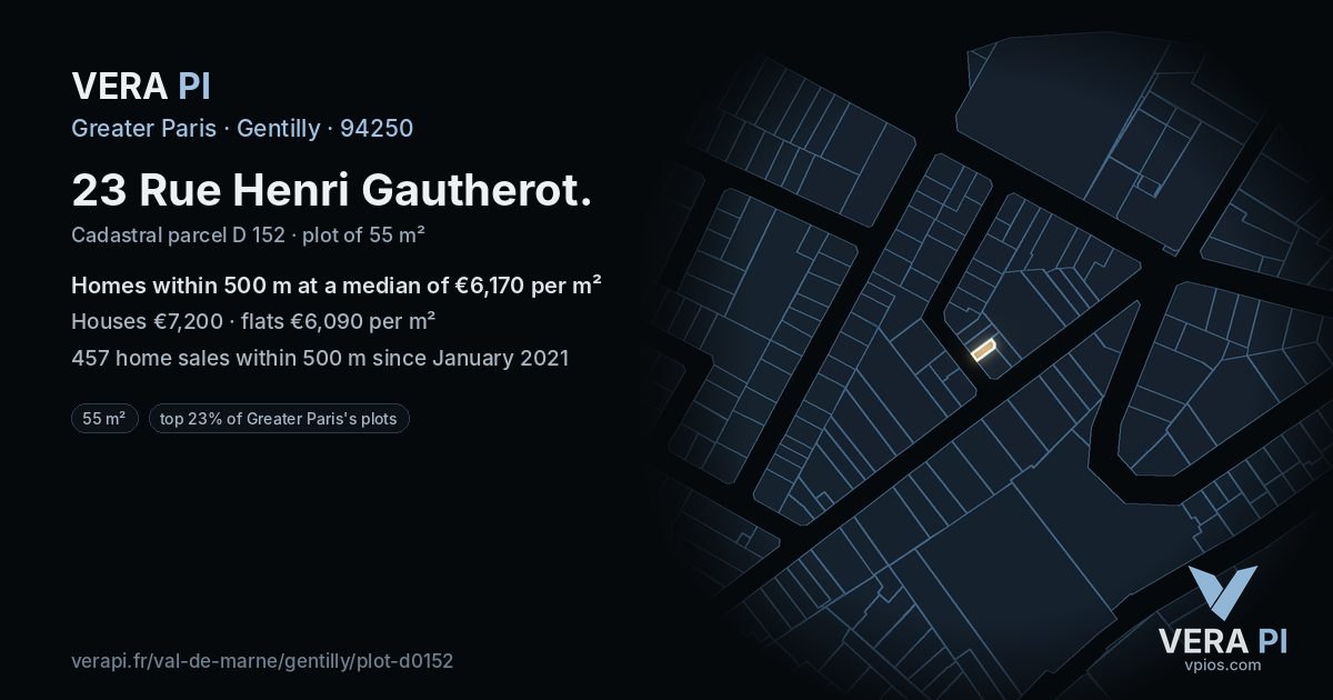 23 Rue Henri Gautherot, Gentilly at night – the plot lit, the parcels around coloured by the prices near them