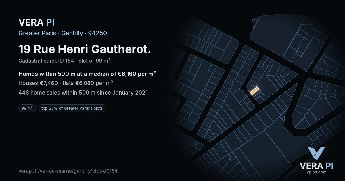 19 Rue Henri Gautherot, Gentilly at night – the plot lit, the parcels around coloured by the prices near them