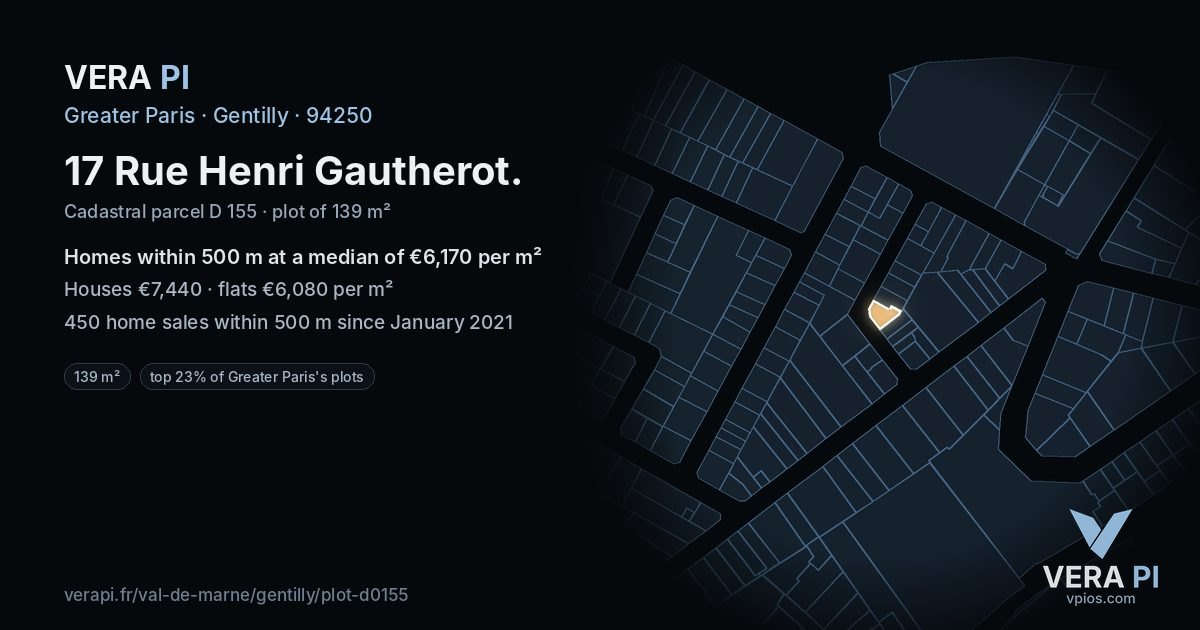 17 Rue Henri Gautherot, Gentilly at night – the plot lit, the parcels around coloured by the prices near them