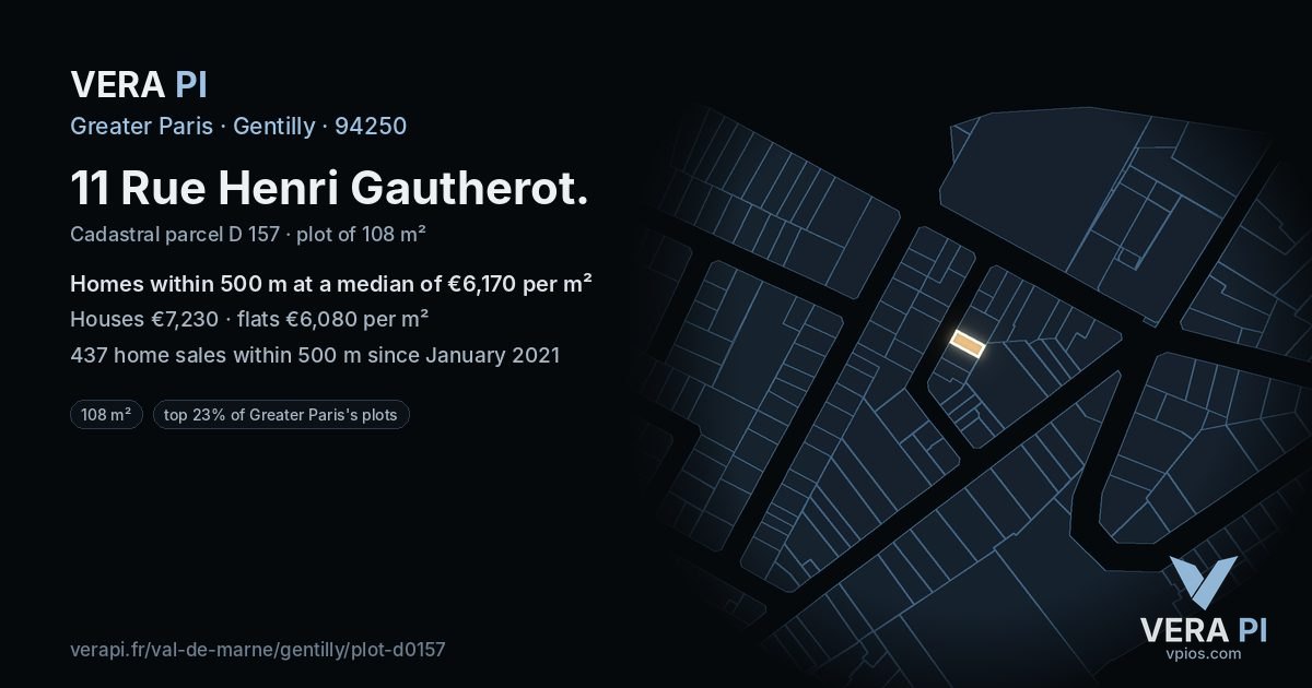 11 Rue Henri Gautherot, Gentilly at night – the plot lit, the parcels around coloured by the prices near them