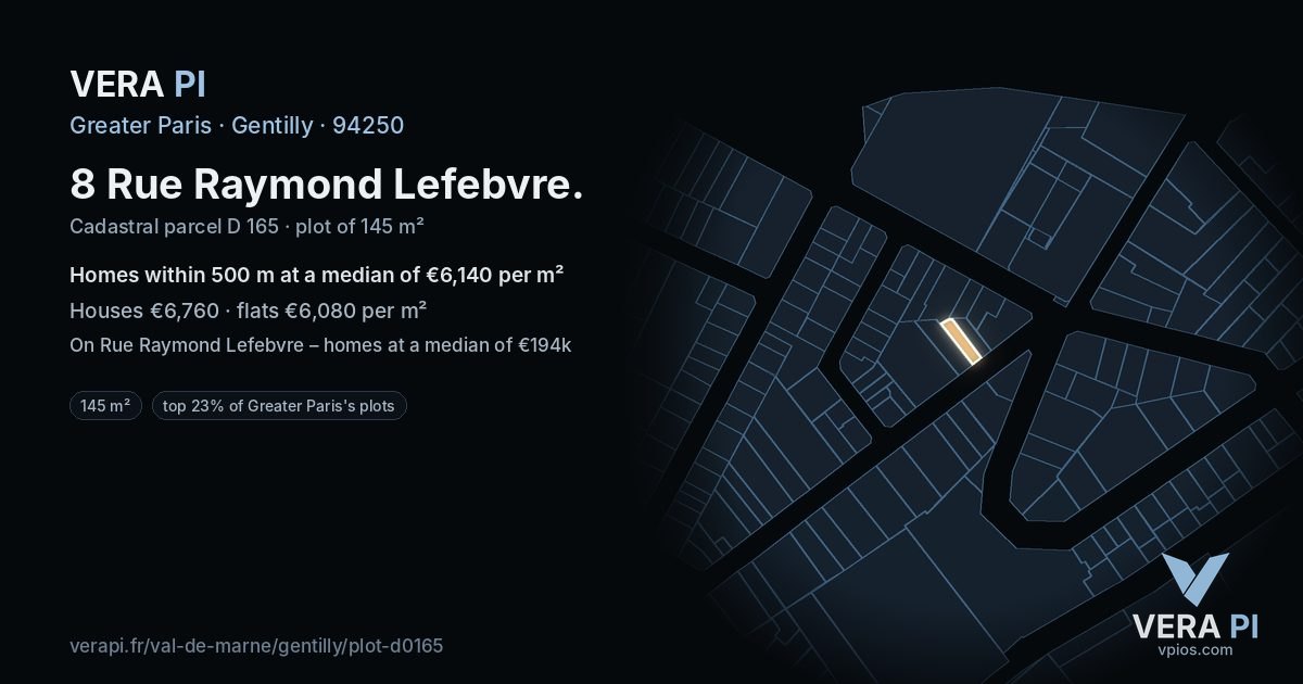 8 Rue Raymond Lefebvre, Gentilly at night – the plot lit, the parcels around coloured by the prices near them