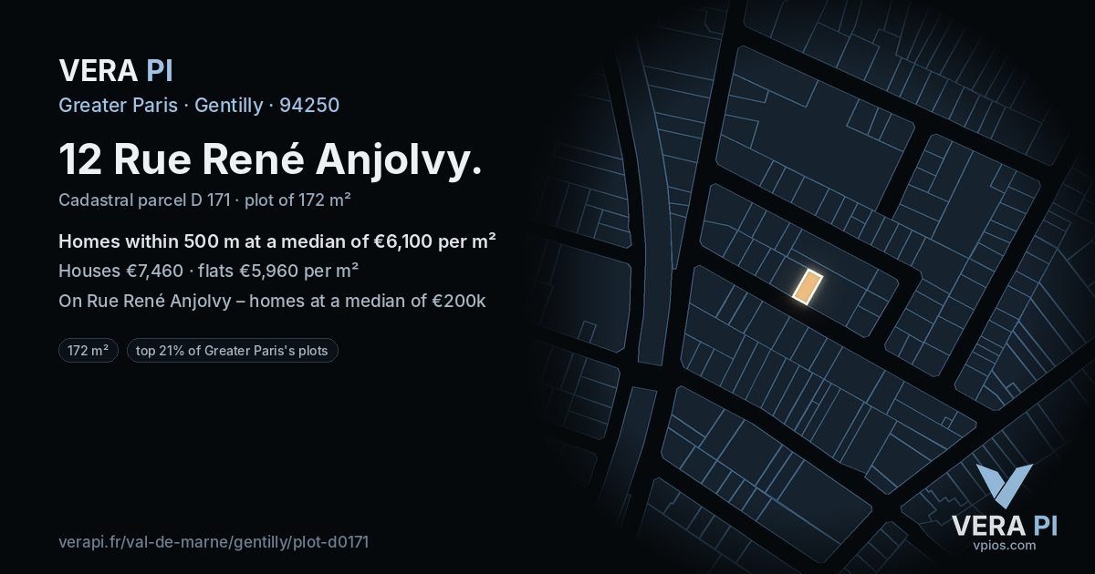 12 Rue René Anjolvy, Gentilly at night – the plot lit, the parcels around coloured by the prices near them