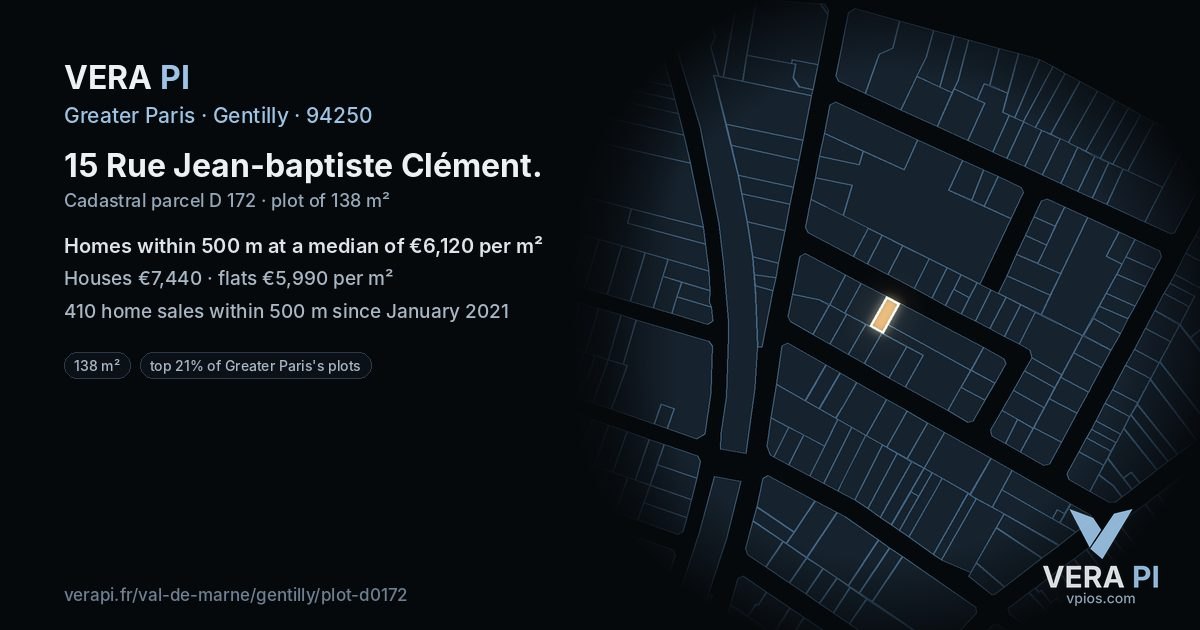 15 Rue Jean-baptiste Clément, Gentilly at night – the plot lit, the parcels around coloured by the prices near them