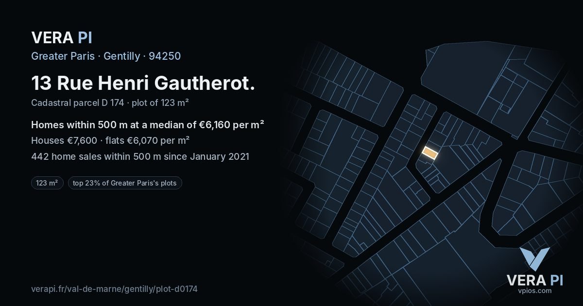 13 Rue Henri Gautherot, Gentilly at night – the plot lit, the parcels around coloured by the prices near them