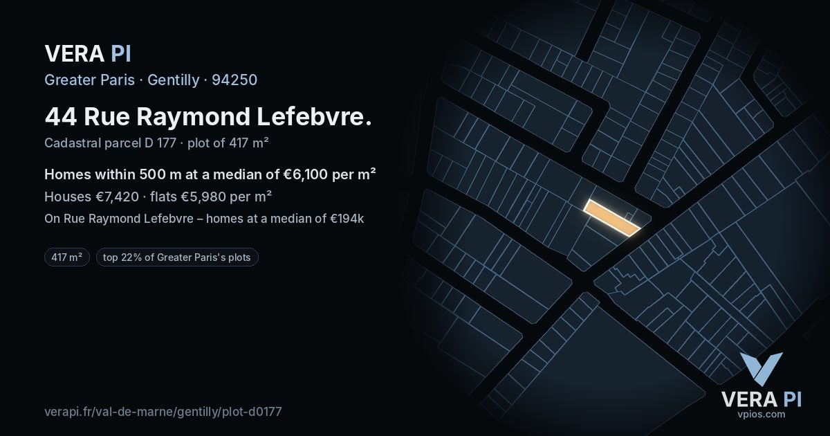 44 Rue Raymond Lefebvre, Gentilly at night – the plot lit, the parcels around coloured by the prices near them