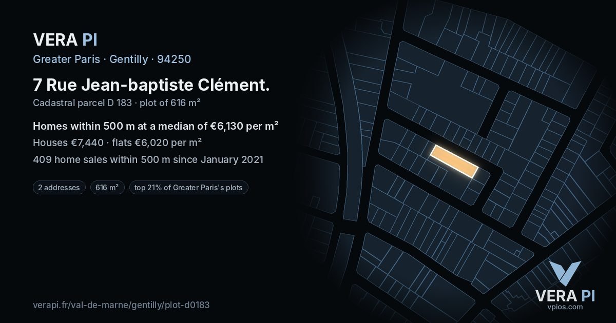 7 Rue Jean-baptiste Clément, Gentilly at night – the plot lit, the parcels around coloured by the prices near them