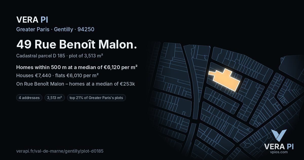 49 Rue Benoît Malon, Gentilly at night – the plot lit, the parcels around coloured by the prices near them