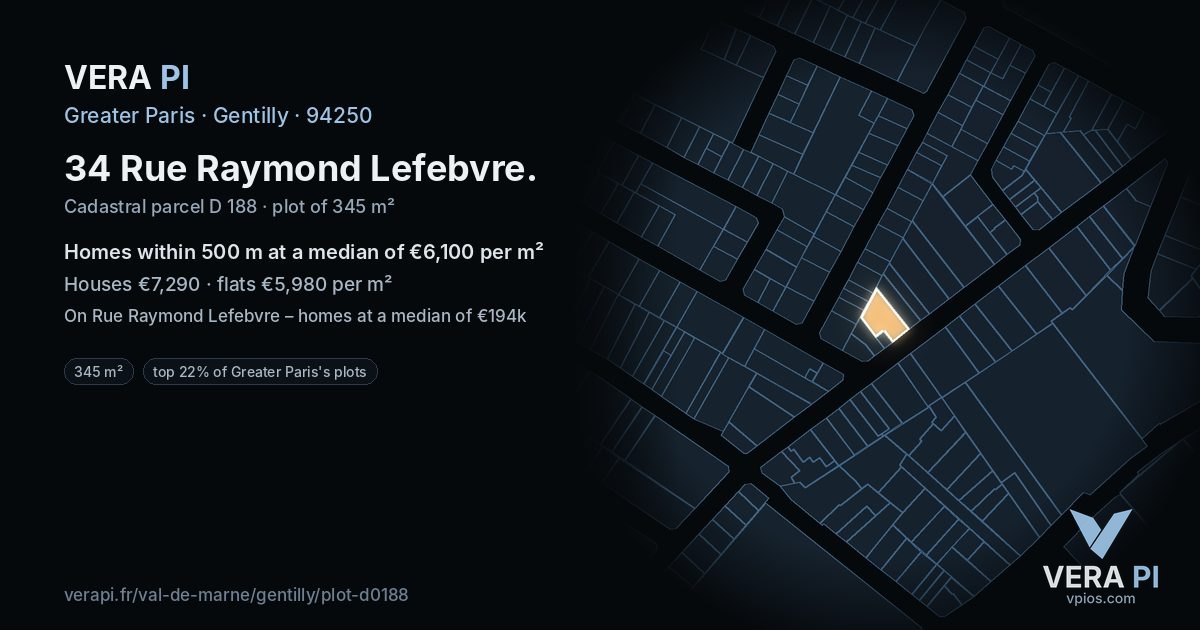 34 Rue Raymond Lefebvre, Gentilly at night – the plot lit, the parcels around coloured by the prices near them
