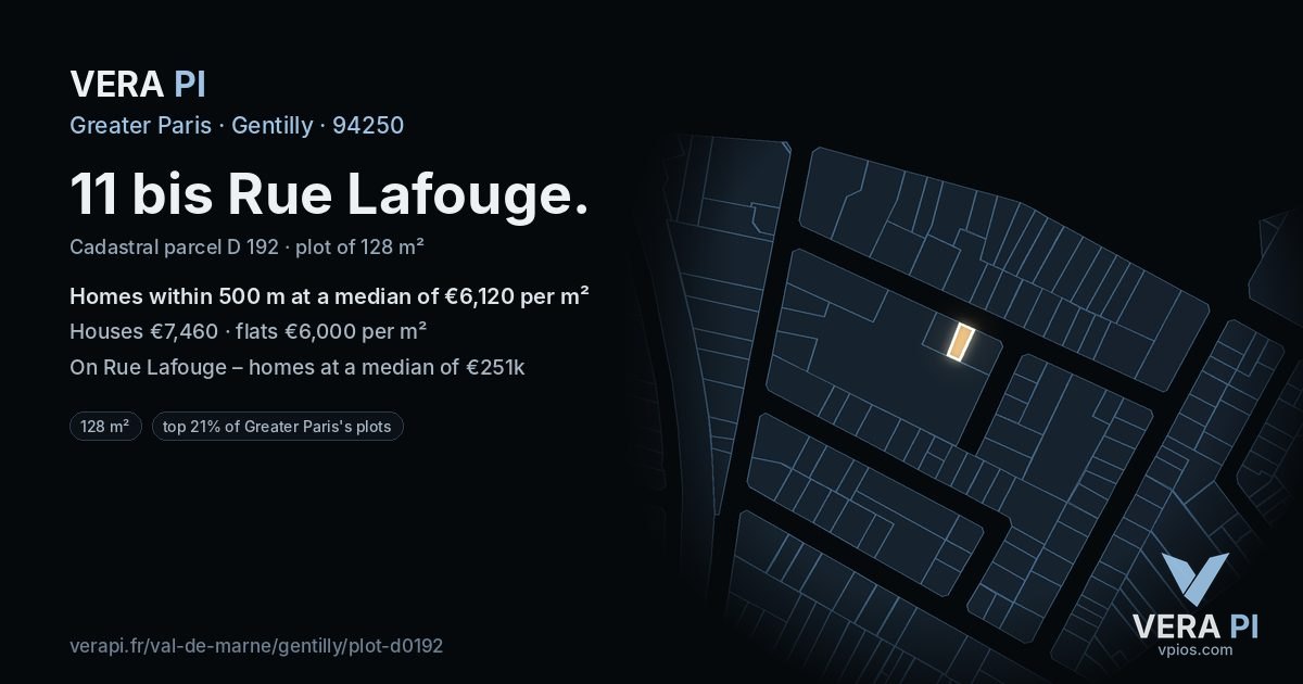11 bis Rue Lafouge, Gentilly at night – the plot lit, the parcels around coloured by the prices near them