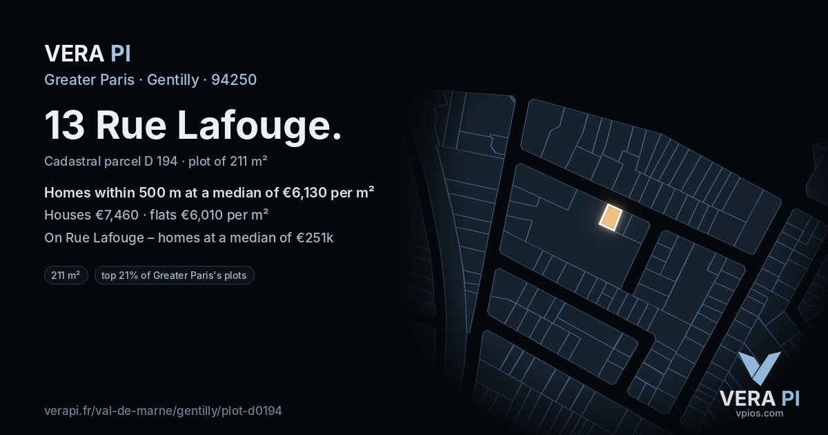 13 Rue Lafouge, Gentilly at night – the plot lit, the parcels around coloured by the prices near them