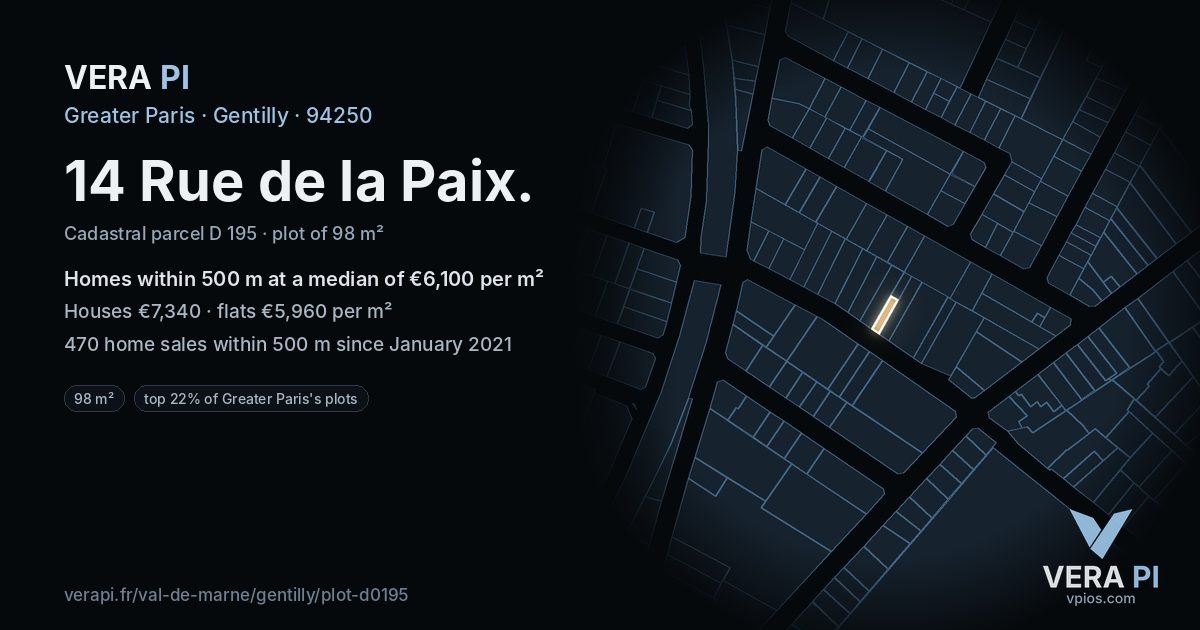 14 Rue de la Paix, Gentilly at night – the plot lit, the parcels around coloured by the prices near them