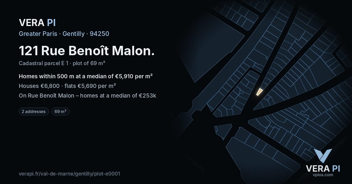 121 Rue Benoît Malon, Gentilly at night – the plot lit, the parcels around coloured by the prices near them