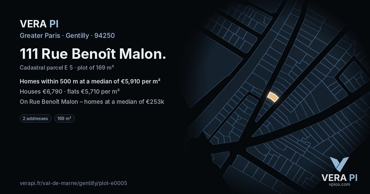 111 Rue Benoît Malon, Gentilly at night – the plot lit, the parcels around coloured by the prices near them
