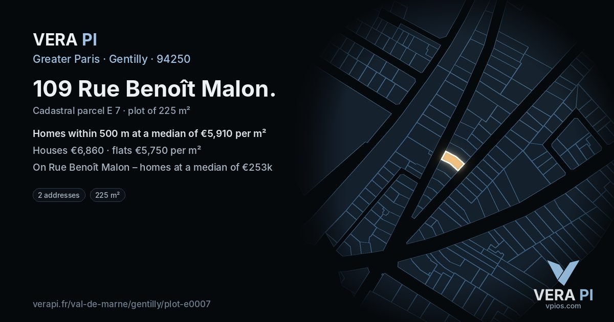 109 Rue Benoît Malon, Gentilly at night – the plot lit, the parcels around coloured by the prices near them