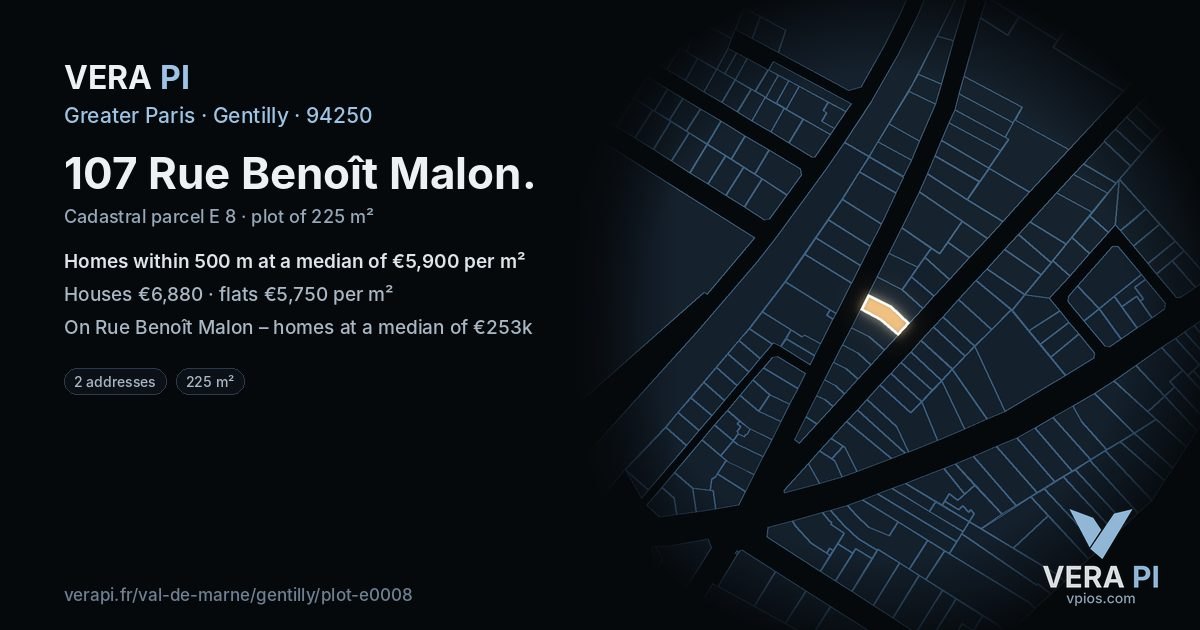 107 Rue Benoît Malon, Gentilly at night – the plot lit, the parcels around coloured by the prices near them