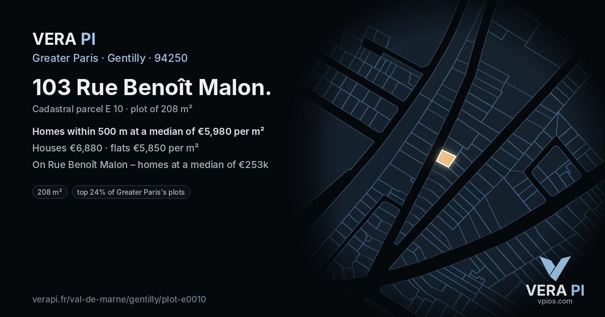 103 Rue Benoît Malon, Gentilly at night – the plot lit, the parcels around coloured by the prices near them