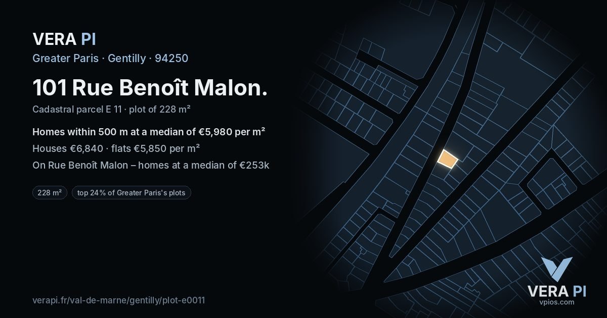 101 Rue Benoît Malon, Gentilly at night – the plot lit, the parcels around coloured by the prices near them