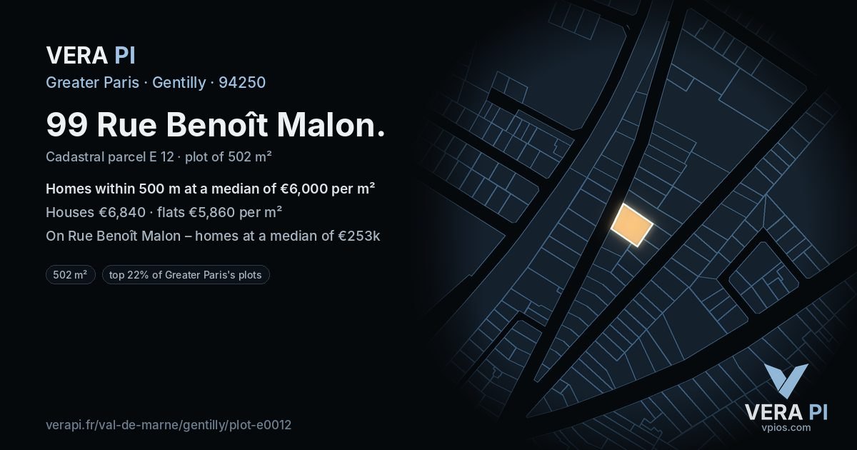 99 Rue Benoît Malon, Gentilly at night – the plot lit, the parcels around coloured by the prices near them