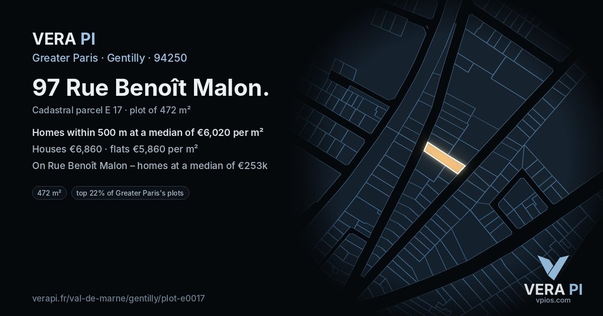 97 Rue Benoît Malon, Gentilly at night – the plot lit, the parcels around coloured by the prices near them