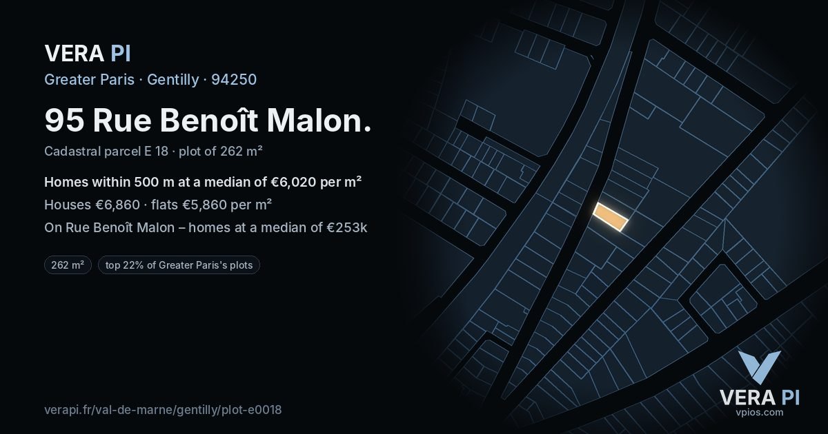 95 Rue Benoît Malon, Gentilly at night – the plot lit, the parcels around coloured by the prices near them