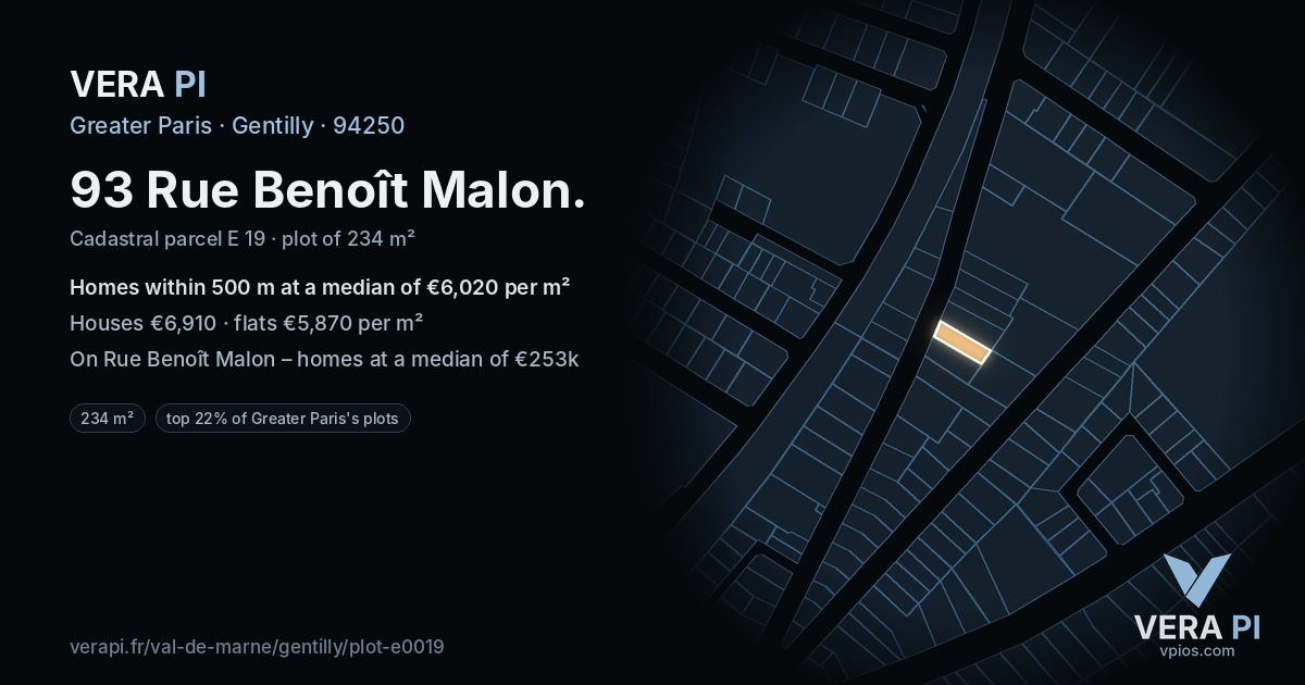 93 Rue Benoît Malon, Gentilly at night – the plot lit, the parcels around coloured by the prices near them