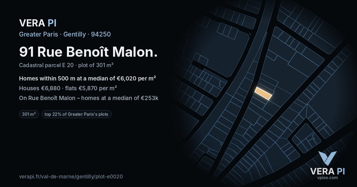 91 Rue Benoît Malon, Gentilly at night – the plot lit, the parcels around coloured by the prices near them